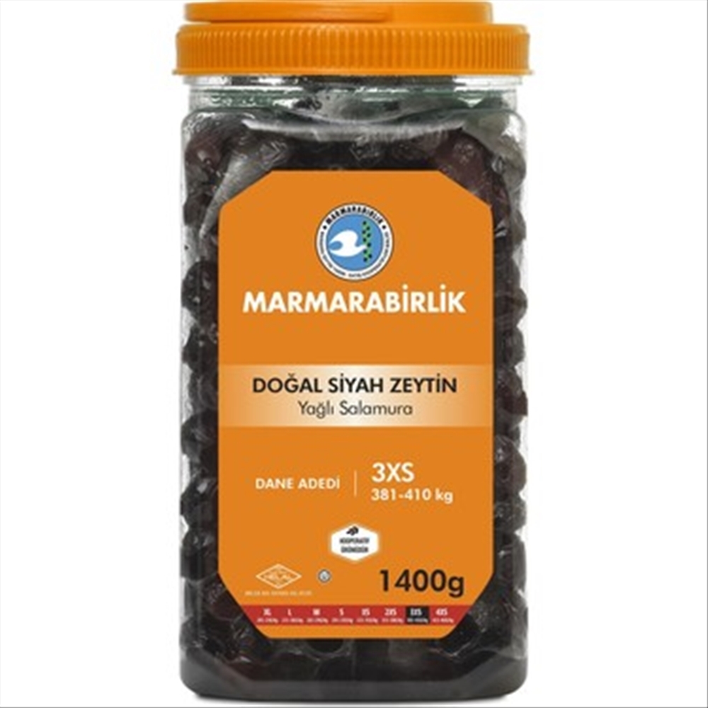 resm Marmara Birlik Yağlı Siyah Zeytin Pet (3XS) 381-410 1,4 kg